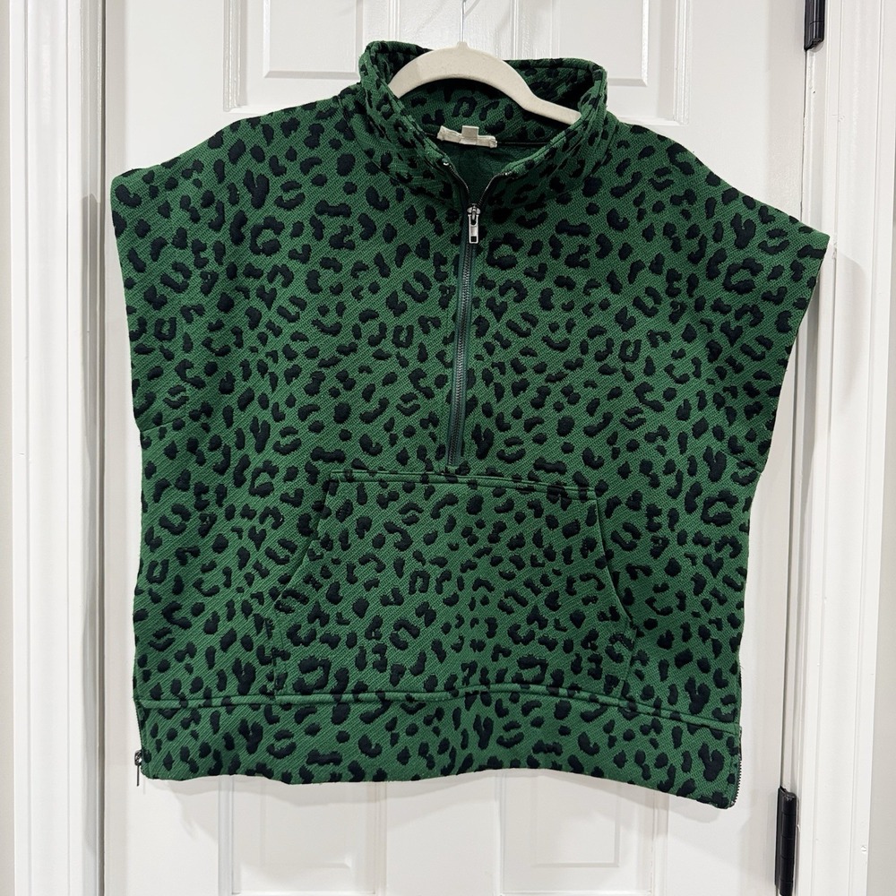 Entro Womens S Green Leopard Print Half Zip Poncho Cape Sweater Tunic Oversized